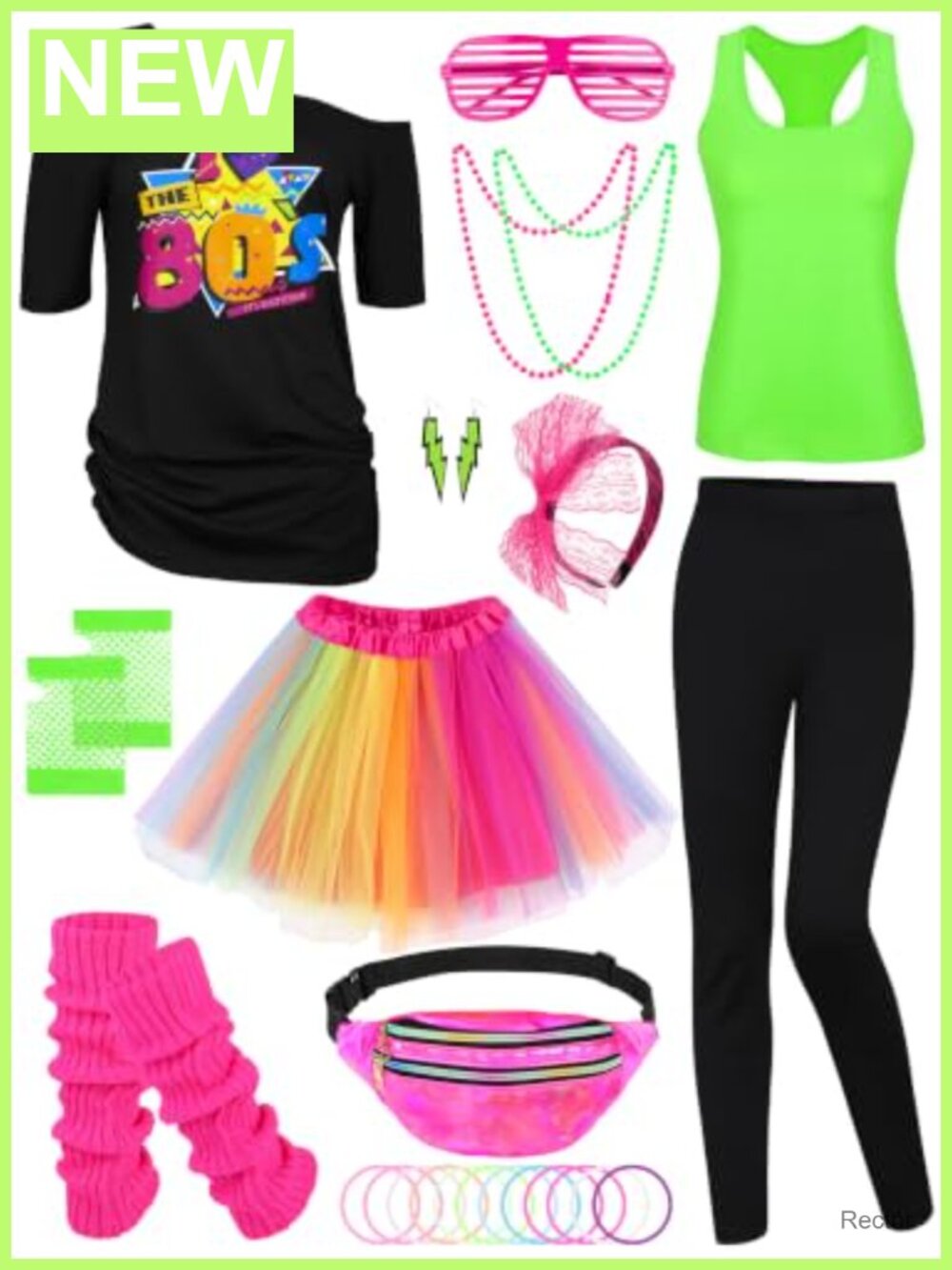 80s Costume Set 24 Pc Women Off-Shoulder Tee Tutu Pants Racerback Top Fanny
